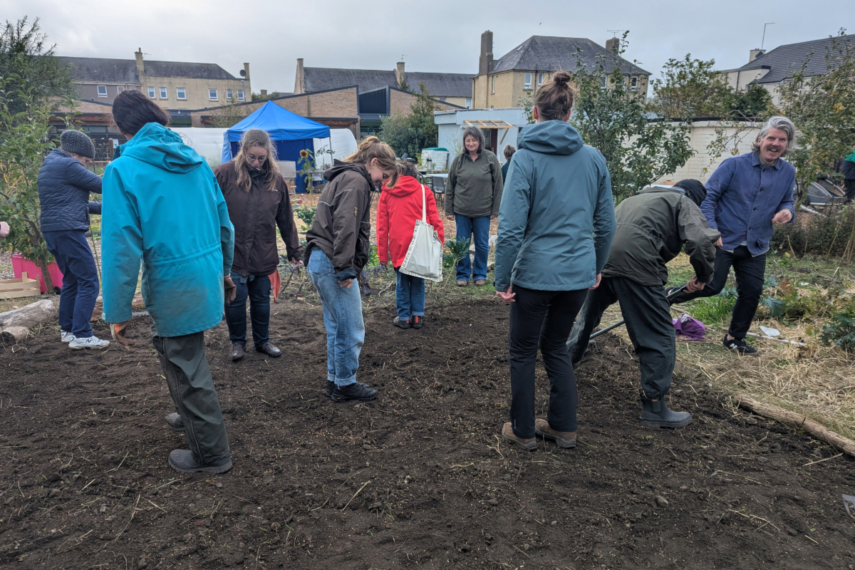 A group of people smiling while digging and stomping down earth from planting