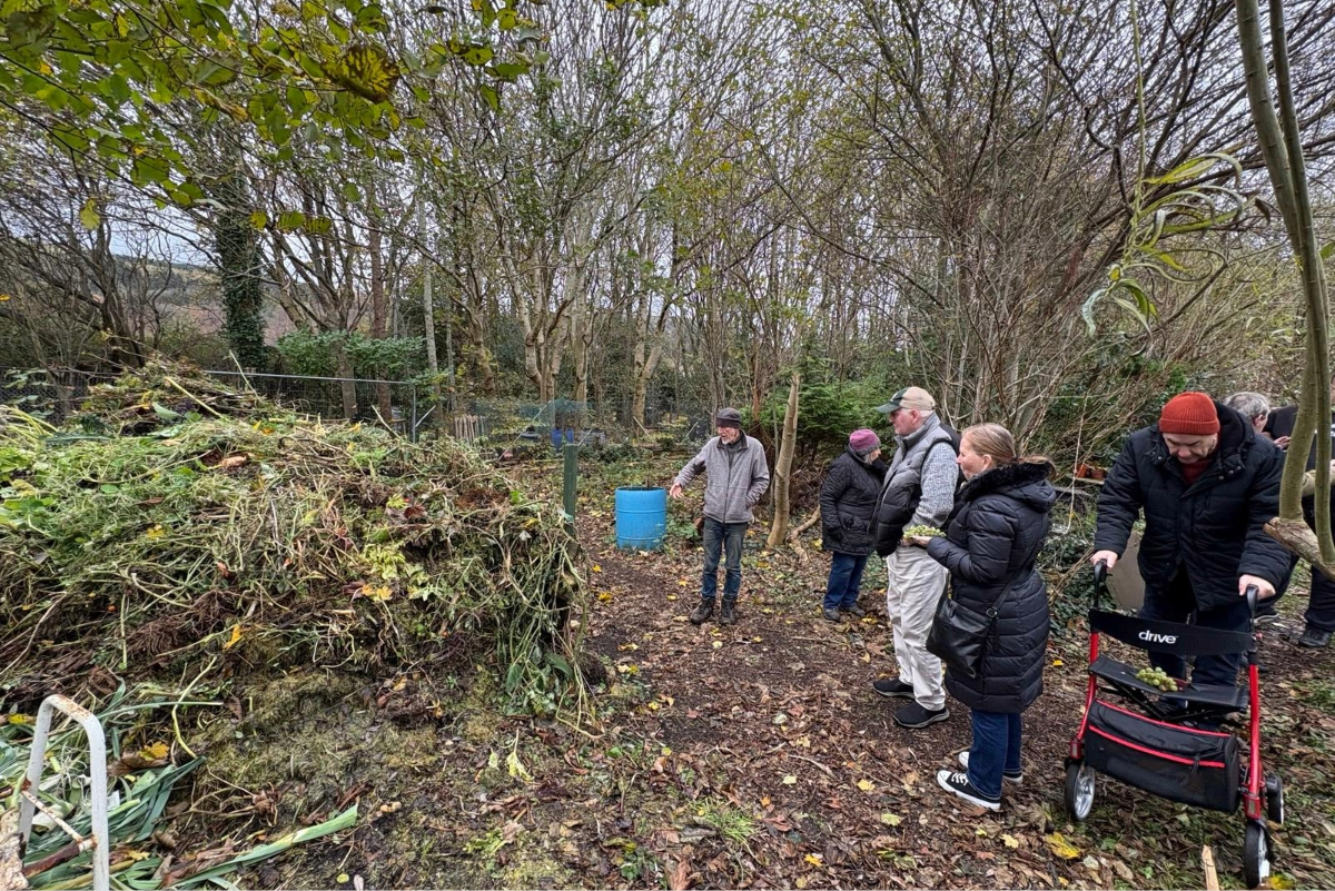 A small group of people observing a compost heap for organic growing