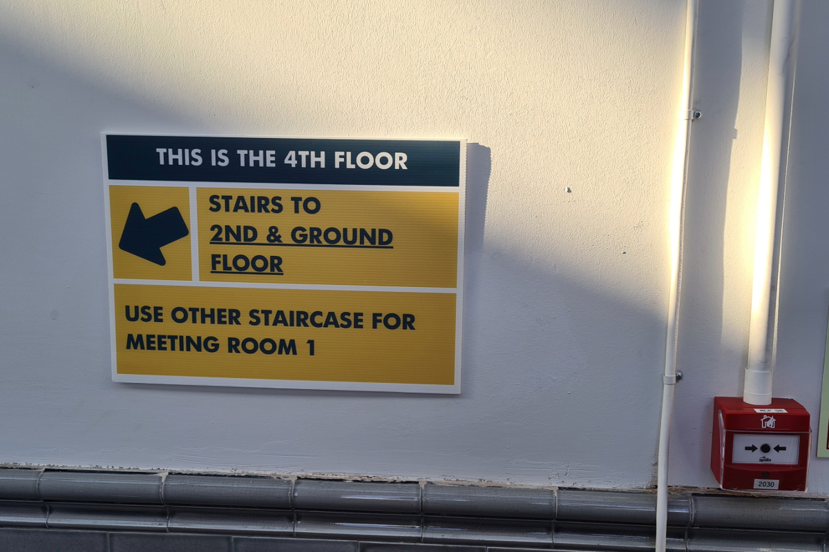 Image shows signage to direct people to the correct floor